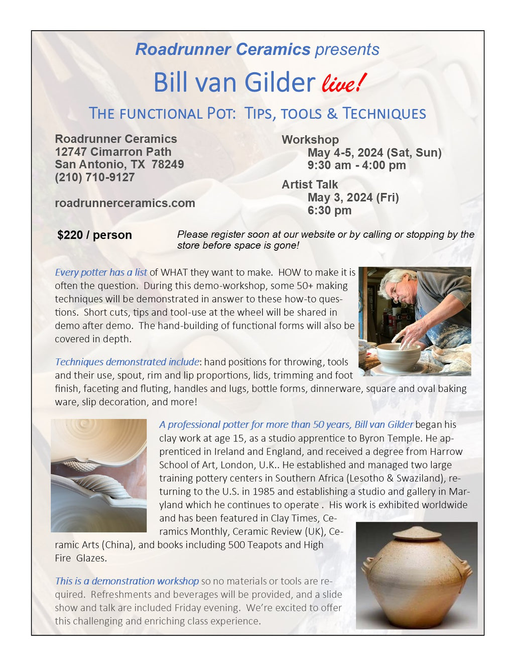 Bill van Gilder live! - The Functional Pot:  Tips, Tools & Techniques